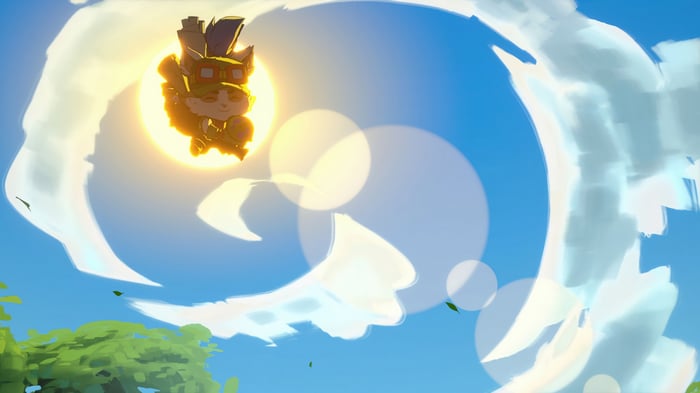 Teemo flying in the sky with clouds