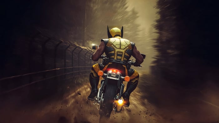 Wolverine riding a motorcycle in 4K