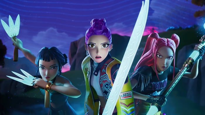 KPop Demon Hunters Rumi, Mira, and Zoey in Fortnite 4K