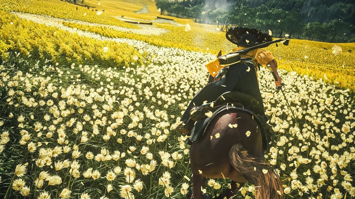 Ghost of Tsushima 4K: Samurai on Horseback in Flower Field