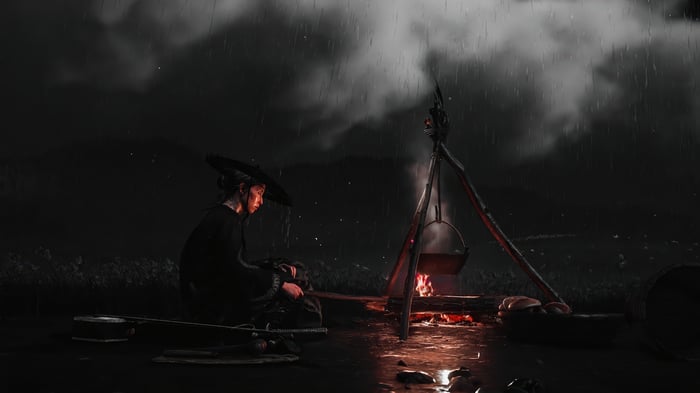 Ghost of Tsushima campfire in the rain 4K