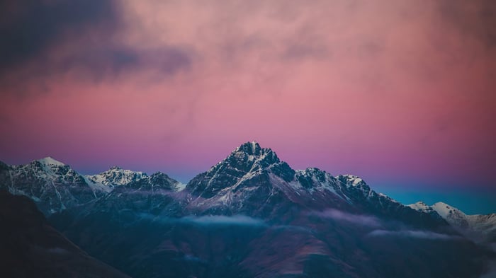 Mountain range with pink and purple clouds