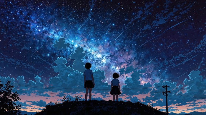 Two girls watching the starry night sky