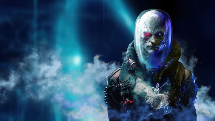 Mr. Freeze in a cryogenic suit with red eyes