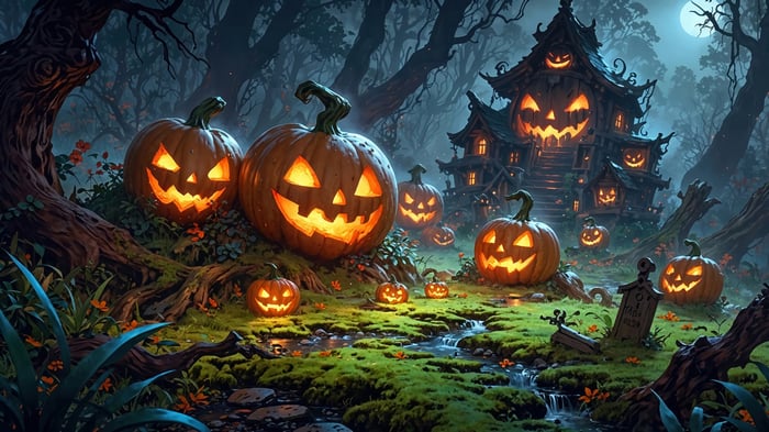 Halloween pumpkins and spooky house in a forest 4K