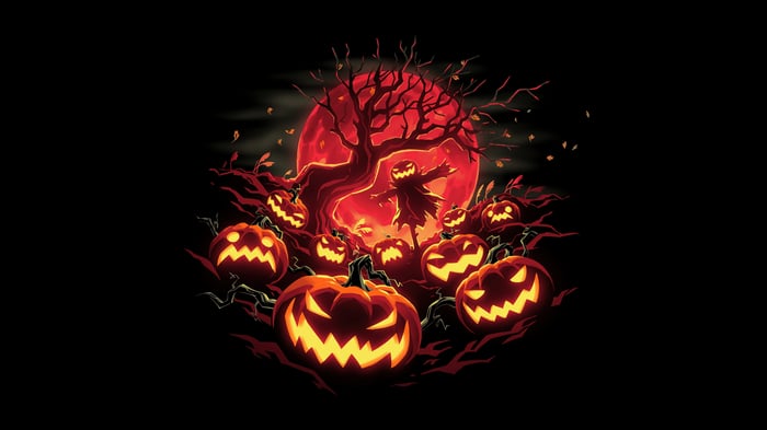 Halloween Pumpkins and Scarecrow Under a Red Moon 4K
