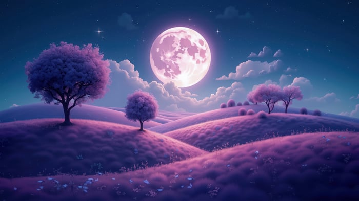 Purple landscape with a large moon and trees 4K