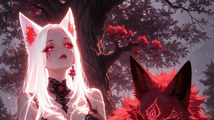 Anime Girl with Fox Ears and Red Fox Companion