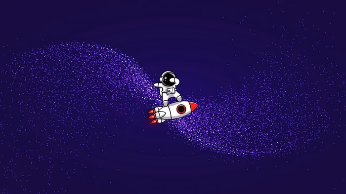 Astronaut riding a rocket through space with purple glitter