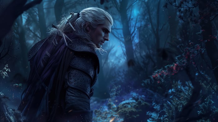 Geralt of Rivia in a dark forest 4K