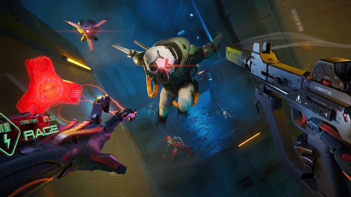 VR combat with futuristic weapons and enemies