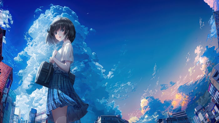 Anime Girl in School Uniform Under a Cloudy Sky 4K