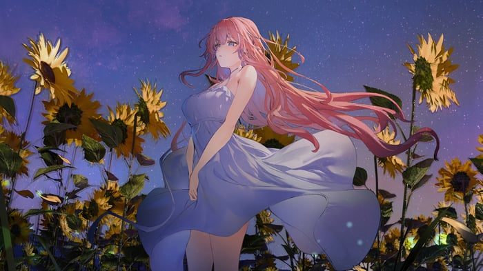 Anime Girl with Pink Hair in Sunflower Field 4K