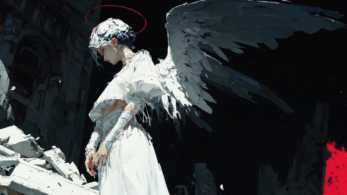Angel with Wings in Ruined City 4K