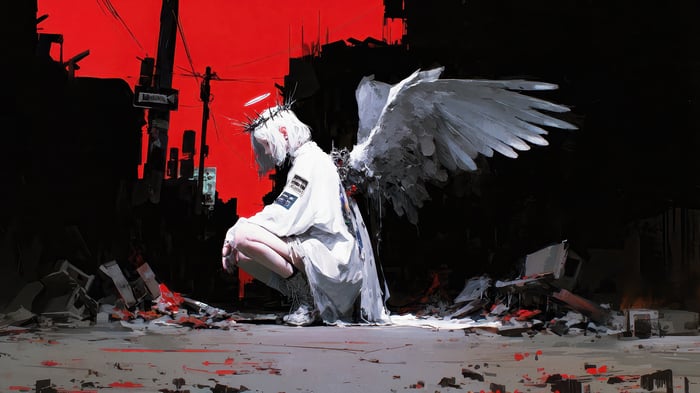 Angel with Wings in a Ruined City 4K