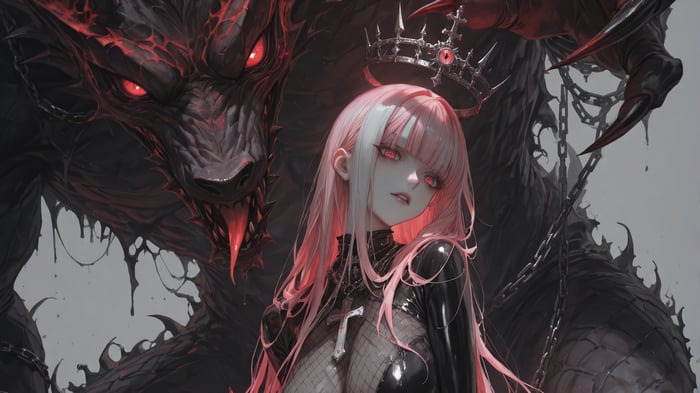 Anime Girl with Pink Hair and Red Eyes Beside a Monster