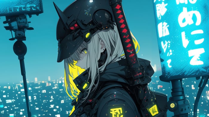 Anime Girl with Katana in Cyberpunk City 4K