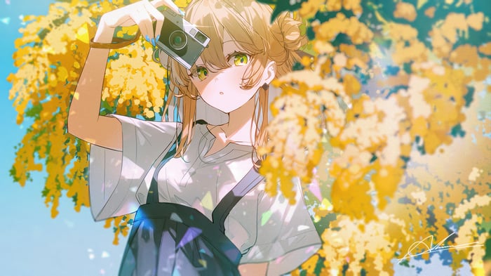 Anime Girl with Blonde Hair Holding a Camera
