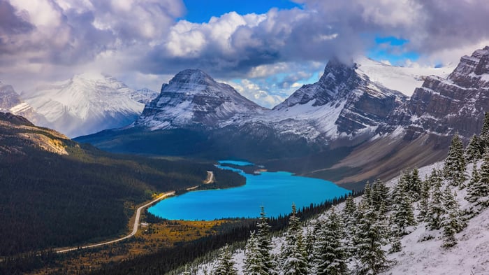 Snowy Mountains Overlooking a Bright Blue Lake