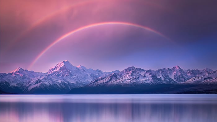 Rainbow over Snowy Mountains and Lake 4K