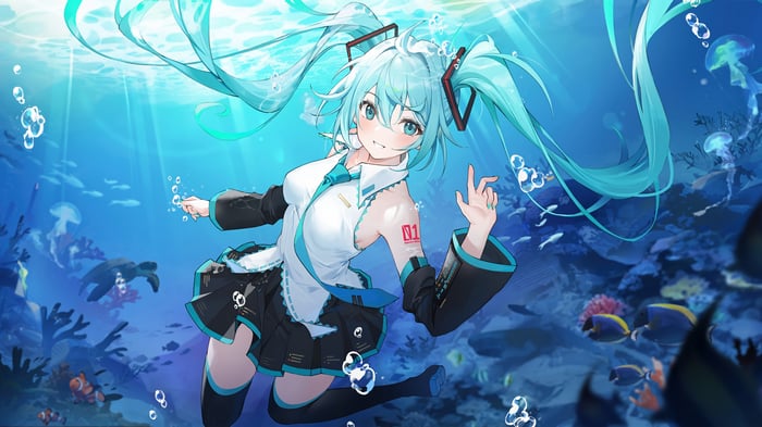 Hatsune Miku underwater with fish and jellyfish