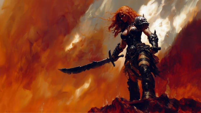 Fantasy Warrior Woman with Sword in Fiery Sky 4K