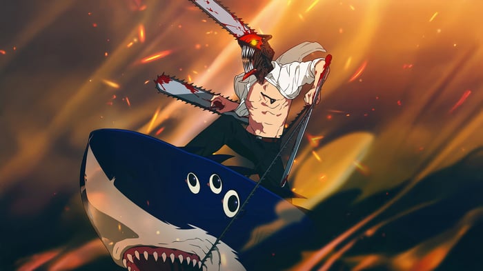 Denji Riding a Shark with Chainsaws 4K