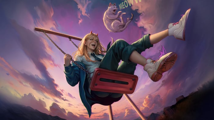 Power on a swing with a cat in Chainsaw Man 4K