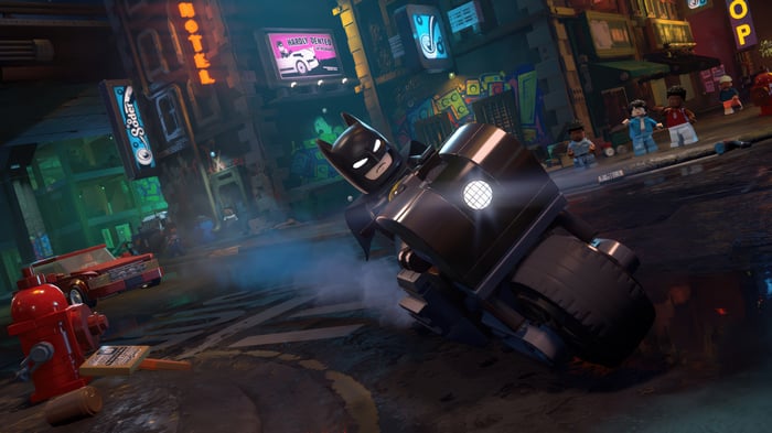 Lego Batman on a Batcycle in a city street