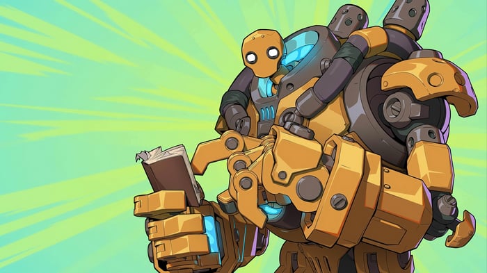 Blitzcrank from League of Legends reading a book