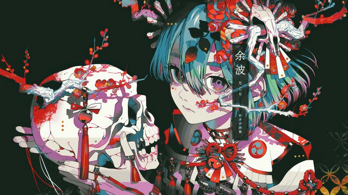 Anime Girl Holding a Skull with Flowers