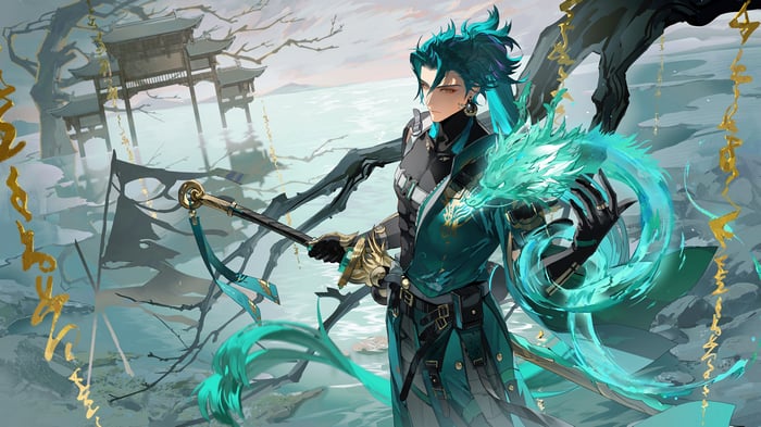Xiao from Genshin Impact with a Dragon