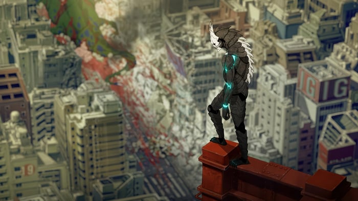 Kaiju No. 8 Character Standing Over Destroyed City