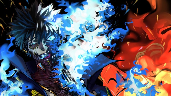 Dabi from My Hero Academia with blue and red flames