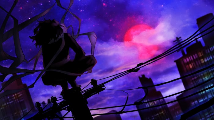 Anime character on a utility pole under a red moon