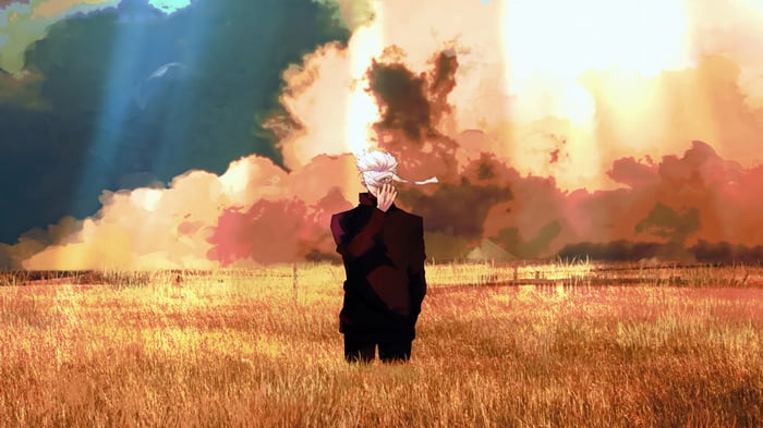 Satoru Gojo in a field with dramatic sky