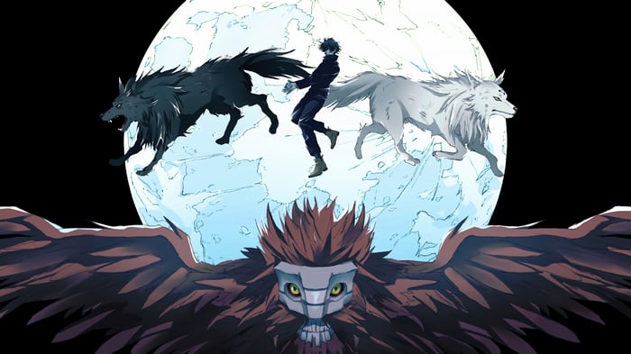 Megumi Fushiguro with Wolves and Bird-like Creature