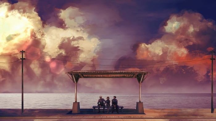 Satoru Gojo, Suguru Geto, and Shoko Ieiri at a Bus Stop