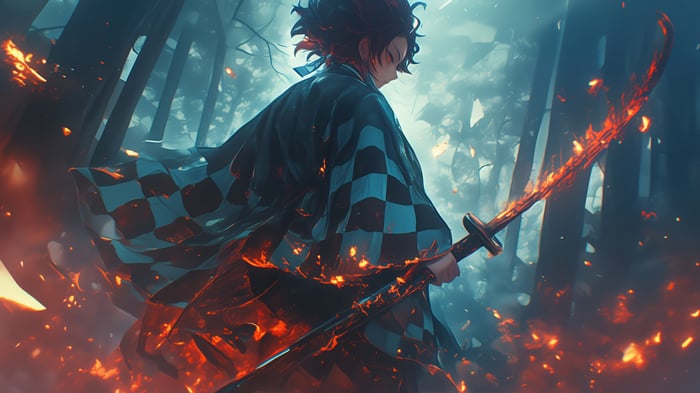 Tanjiro Kamado with flaming sword in forest
