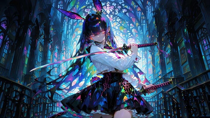 Anime Girl with Katana in Stained Glass Church 4K