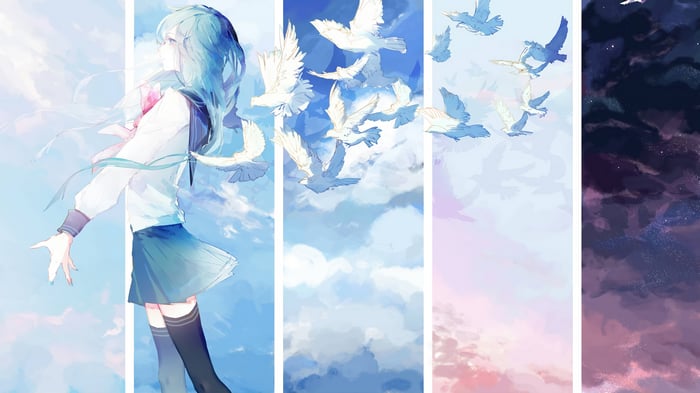 Anime Girl with Birds in the Sky 4K