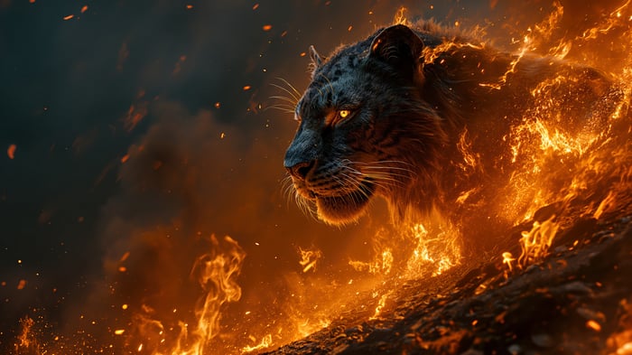 Tiger engulfed in flames, digital art 4K