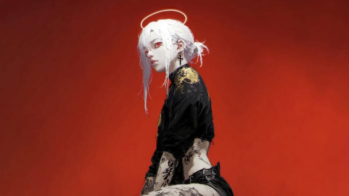 Anime Girl with White Hair, Red Eyes, and Halo 4K