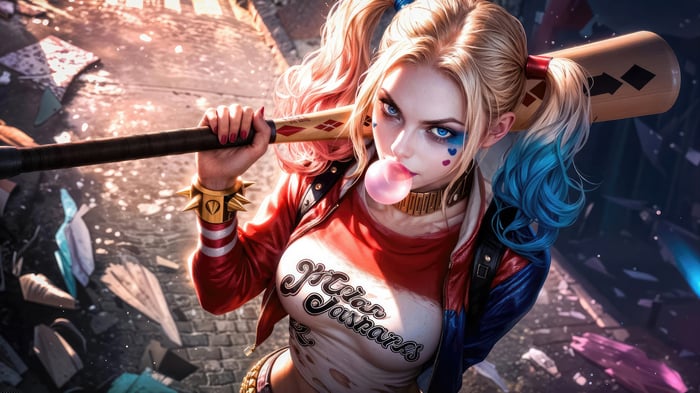 Harley Quinn with a baseball bat and bubblegum 4K