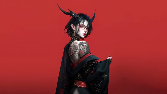 Demon Girl with Horns and Tattoos 4K