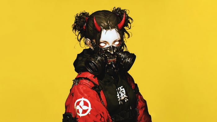Anime Girl with Demon Horns and Gas Mask 4K