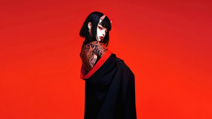 Anime Demon Girl with Tattoos and Red Eyes 4K