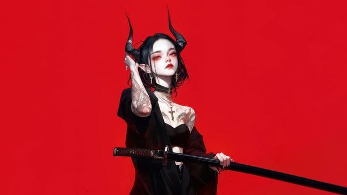 Anime Demon Girl with Horns and Katana 4K