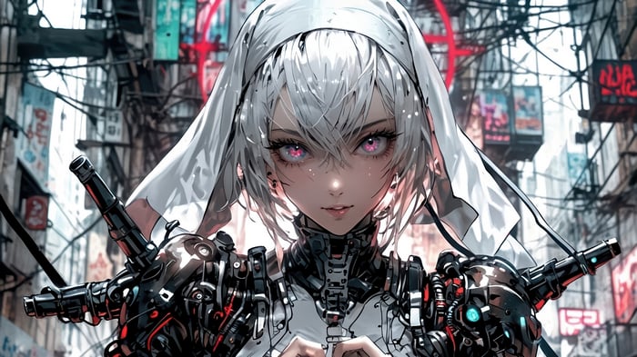 Cyberpunk Sci-Fi Anime Nun with Mechanical Arms 4K