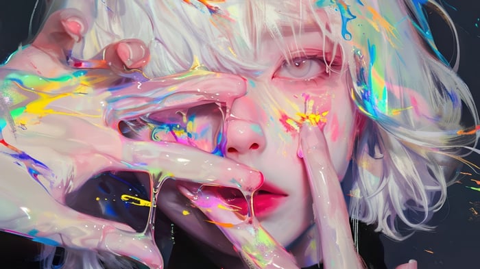 Anime Girl with White Hair and Colorful Paint Splatter 4K